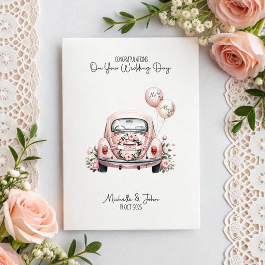 Personalised Wedding Card | Pink Just Married Car | Custom Names & Date | A5 Linen Card | Bride Groom Wedding Card | Romantic Keepsake