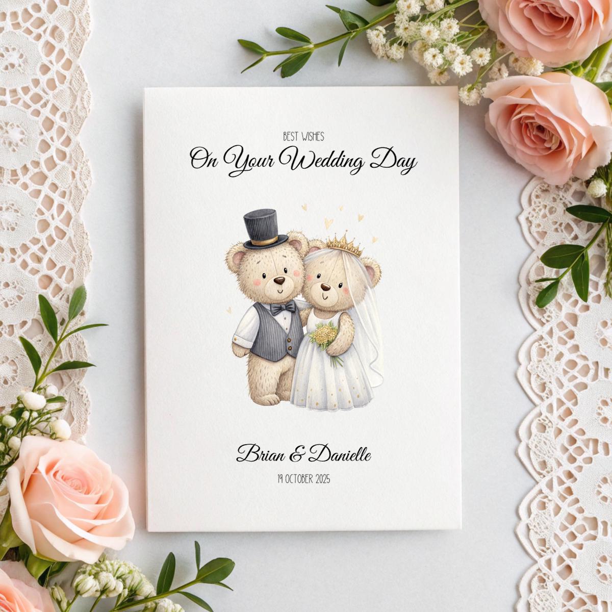 Personalised Bear Bride & Groom Wedding Card – A5 Linen Keepsake with Names & Date