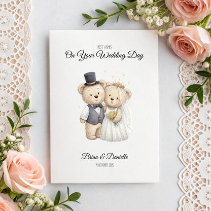 Personalised Bear Bride & Groom Wedding Card – A5 Linen Keepsake with Names & Date