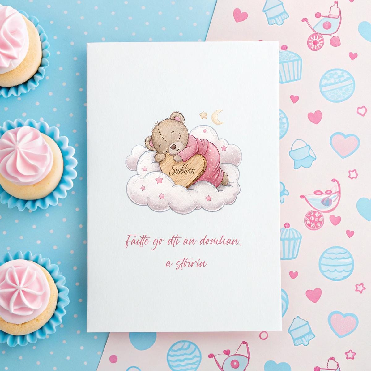 Personalised New Baby Girl Card in Irish – Sleeping Teddy, Custom Name & Fáilte