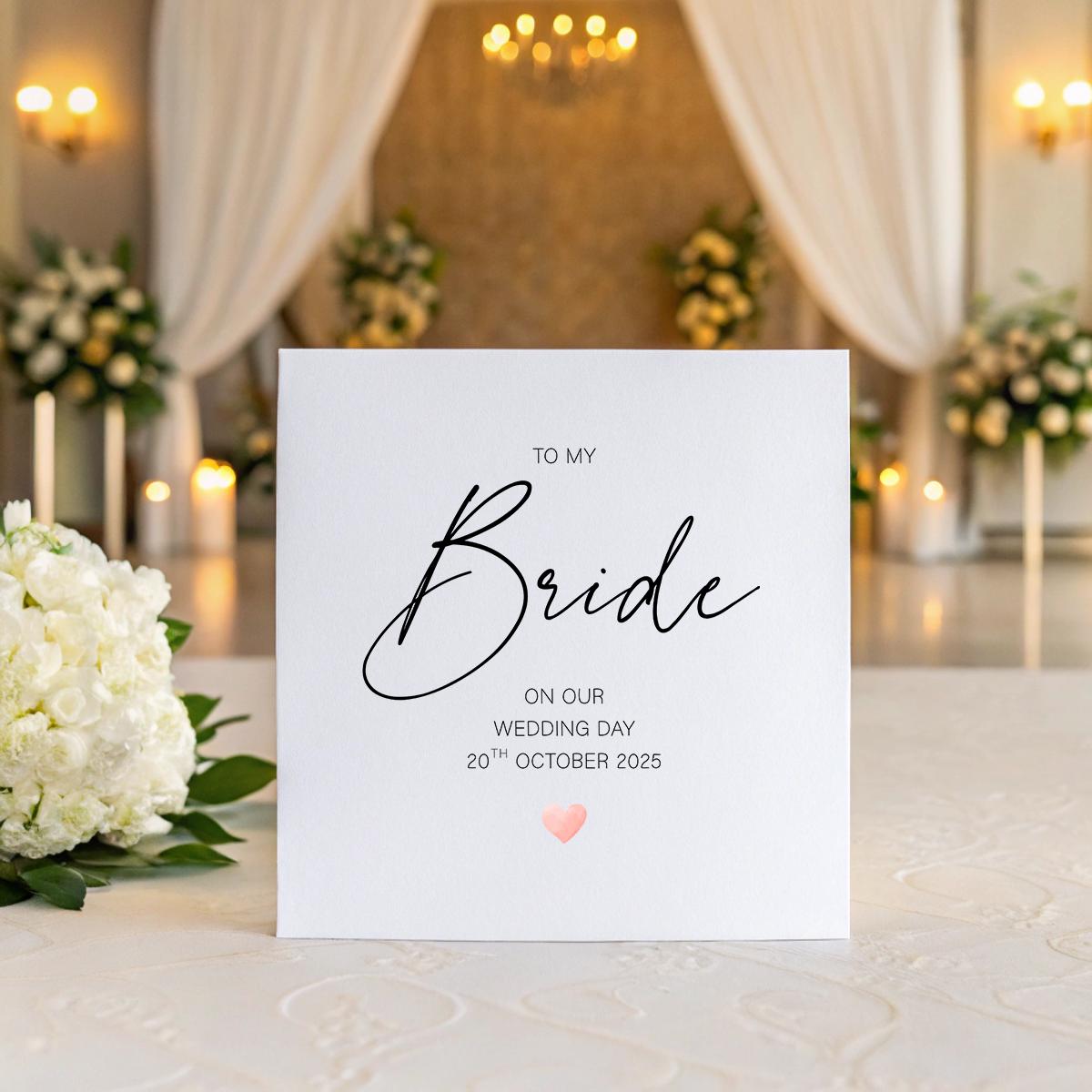 To My Bride Wedding Day Card – Personalised Date & Optional Message – Elegant Wedding Card with Pink Heart – Handmade Bride Card