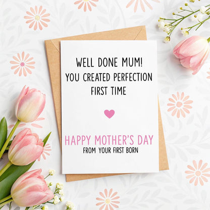 Personalised First‑Born Mother’s Day Card – Funny A5 Linen ‘Well Done Mum’, Name Option