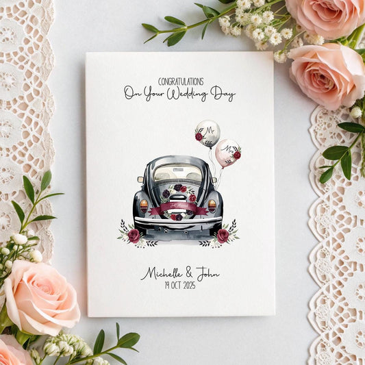 Personalised Wedding Card | Burgundy Just Married Car | Custom Names & Date | A5 Linen Card | Bride Groom Card | Romantic Wedding Gift
