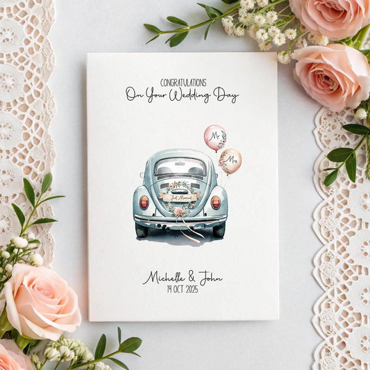 Personalised Wedding Card | Custom Names & Date | Vintage Car Wedding Card | Linen A5 Card | On Your Wedding Day Card | Just Married Gift
