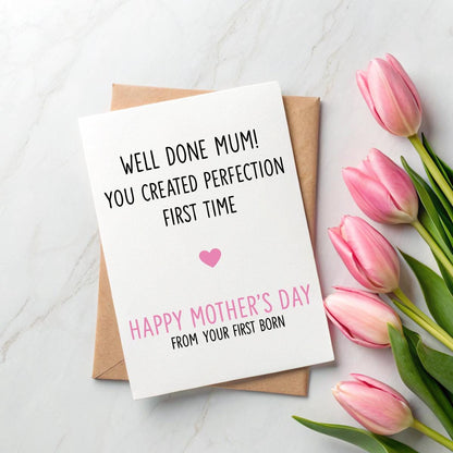 Personalised First‑Born Mother’s Day Card – Funny A5 Linen ‘Well Done Mum’, Name Option