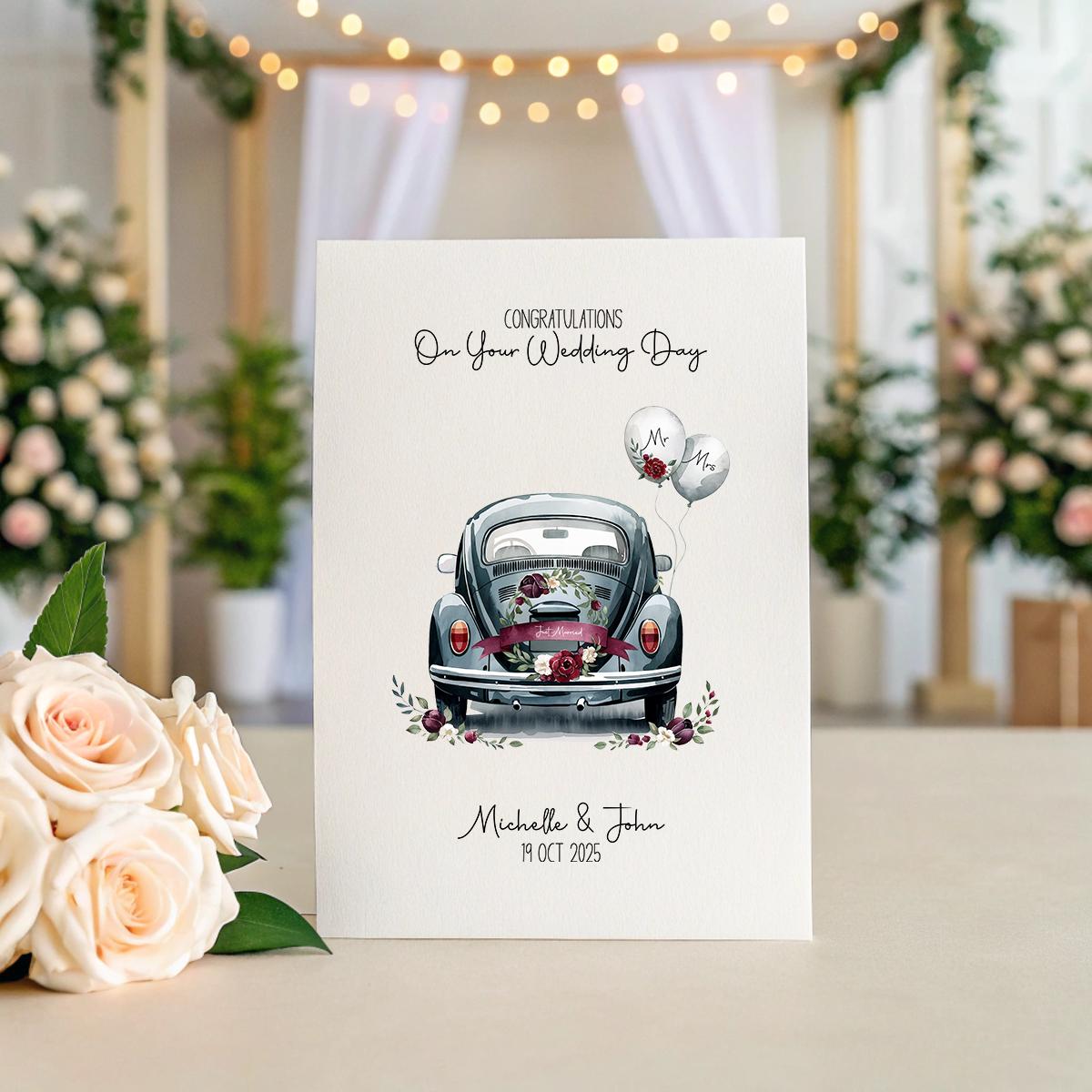 Custom Wedding Card | Just Married Car Card | Personalised Names & Date | A5 Linen Wedding Card | Bride and Groom Gift | Wedding Keepsake