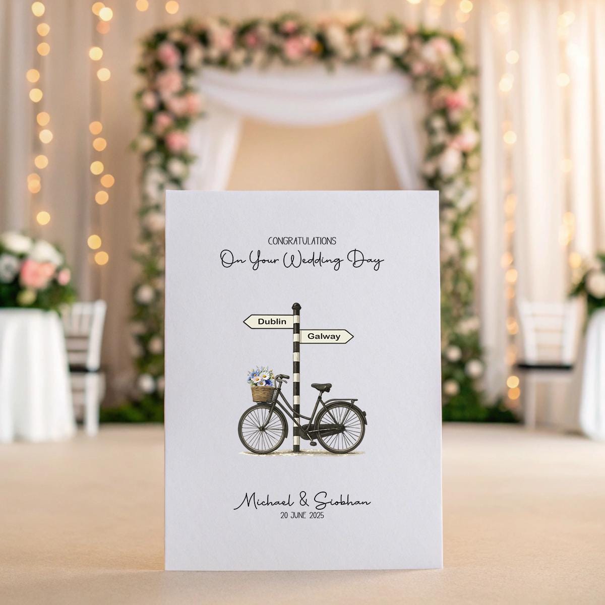 Personalised Wedding Card – Custom Irish Signpost & Bike, County, Names + Date, Unique Wedding Greeting