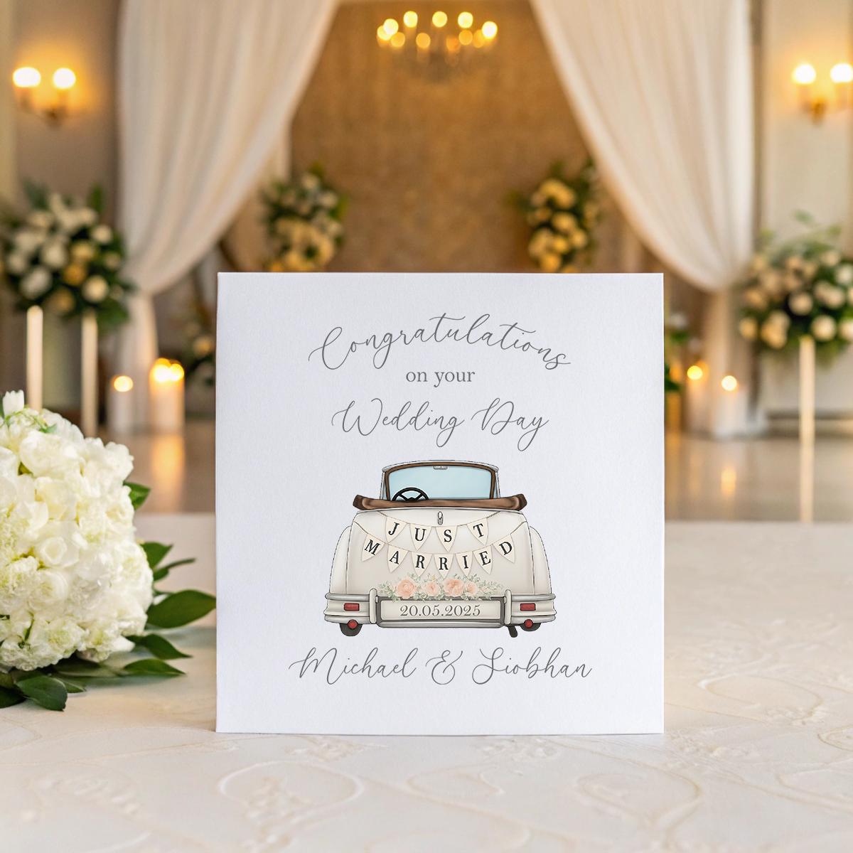 Personalised ‘Just Married’ Wedding Card – Vintage Car Design, Names & Date Keepsake