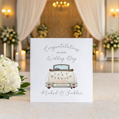 Personalised ‘Just Married’ Wedding Card – Vintage Car Design, Names & Date Keepsake