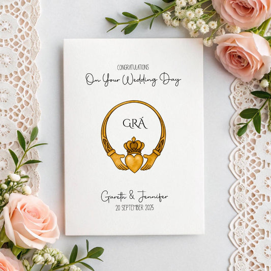 Grá Irish Wedding Card – Celtic Design with Personalised Names 💛