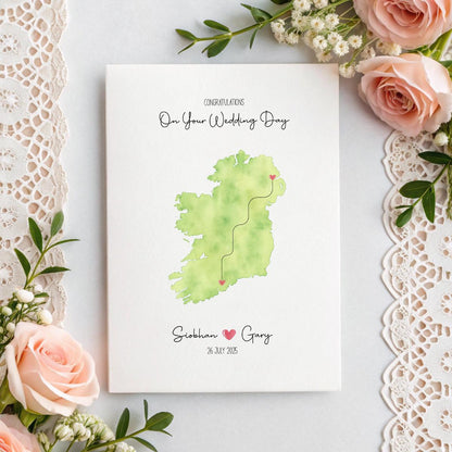 Personalised Ireland Wedding Map Card – Custom Names & Date, 5x7 Gift keepsake