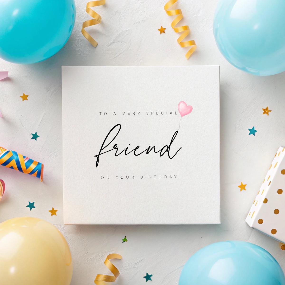 Birthday Card for Special Friend – Heart Balloon Design – 6x6" Hammered White Matte Card