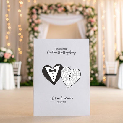 Personalised Wedding Card – Bride & Groom Heart Design, Custom Names & Date, Linen Texture