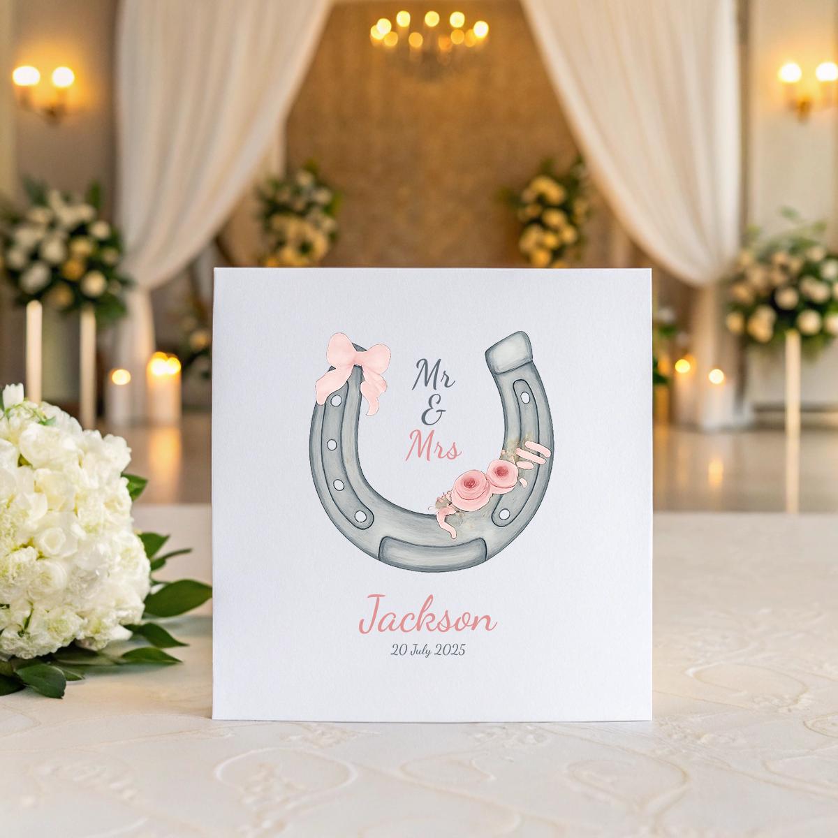 Personalised Wedding Card – Horseshoe & Pink Flowers, Custom Names & Date, Lucky Mr & Mrs