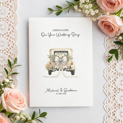 Personalised Vintage Car Wedding Card – Custom Names & Date with Optional Message