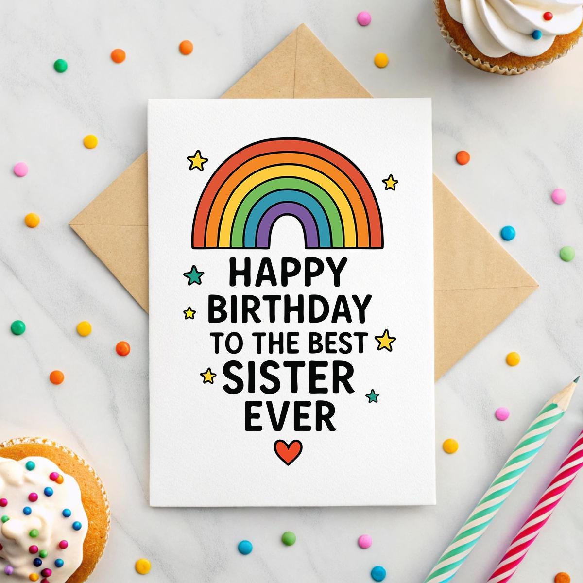 Personalised Rainbow ‘Best Sister Ever’ Birthday Card – Keepsake Design