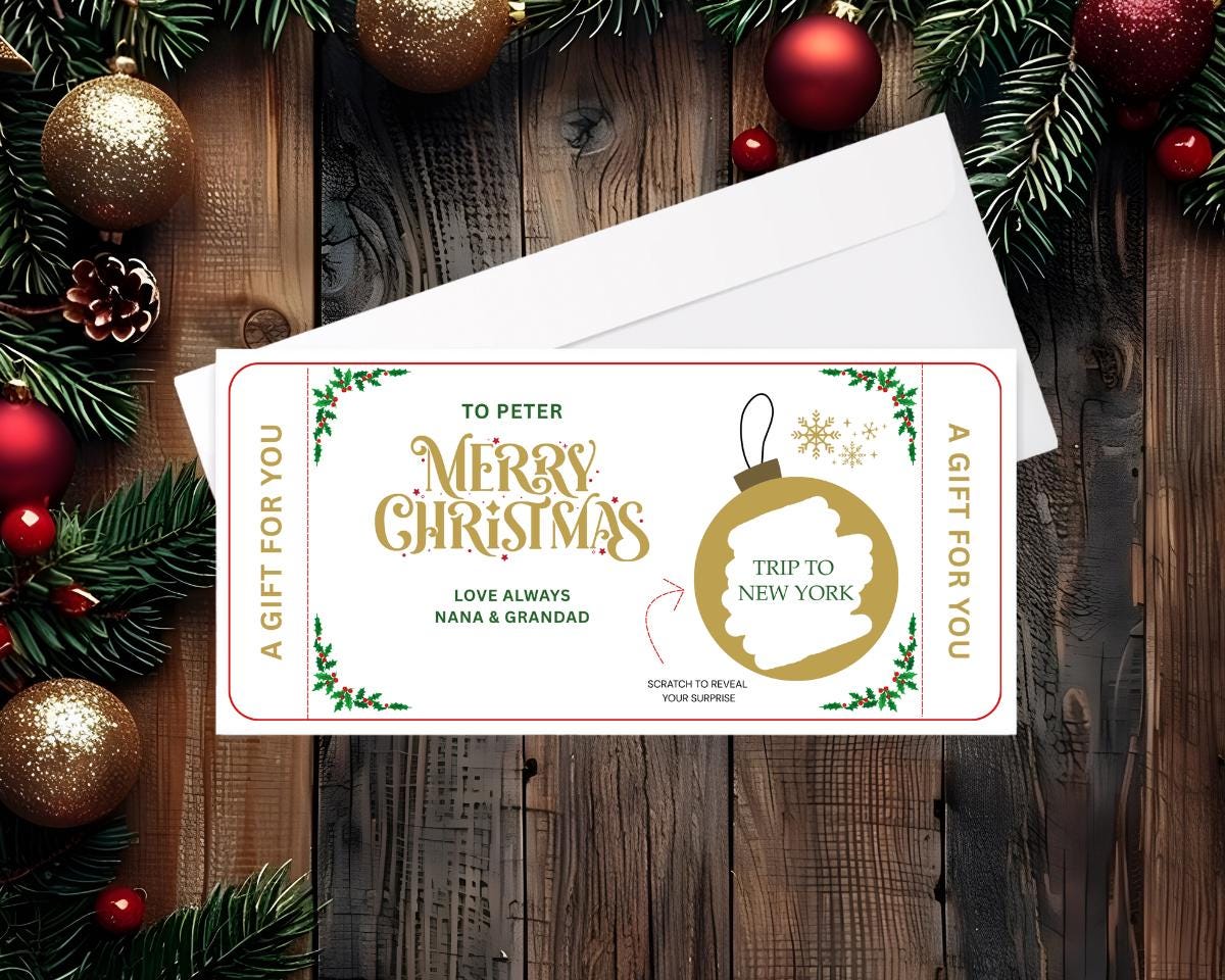 Personalised Christmas Scratch-Off Ticket – Fun Gift Reveal Card – 300gsm Gloss with Envelope Choice
