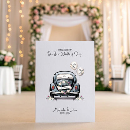 Personalised Wedding Card | Just Married Car Card | A5 Linen Wedding Card | Custom Names & Date | Bride Groom Gift | Romantic Wedding Card