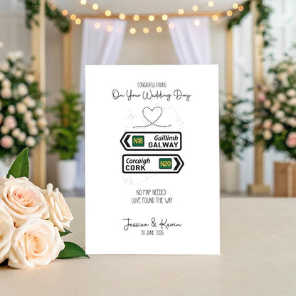 Personalised Irish Road Sign Wedding Card – County Signs, Names & Date, Keepsake