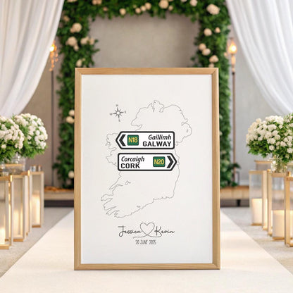 Personalised Irish Wedding Road Sign Print – Custom Map of Ireland with Names & Date – Available in A2, A3, A4 or Digital Download