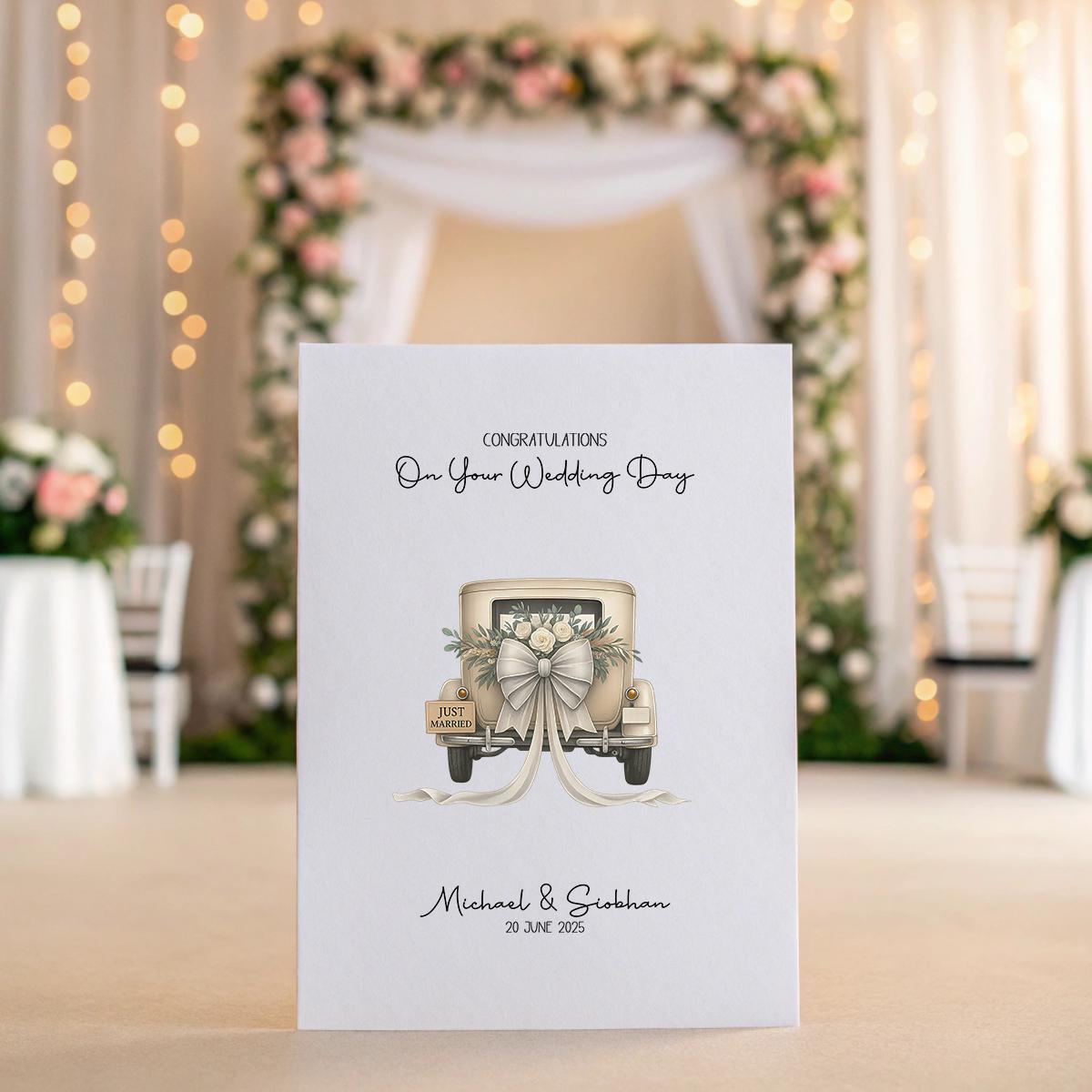 Personalised Vintage Car Wedding Card – Custom Names & Date with Optional Message