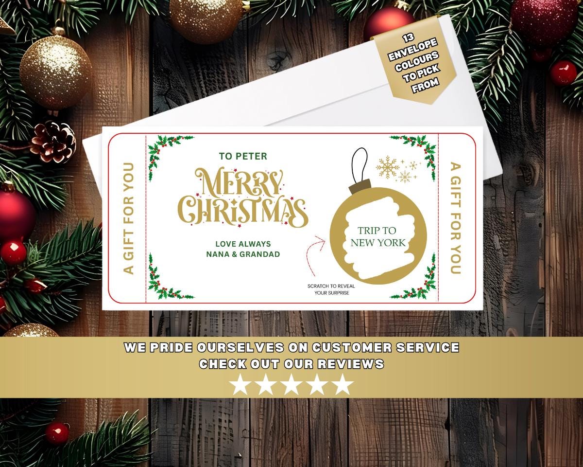 Personalised Christmas Scratch-Off Ticket – Fun Gift Reveal Card – 300gsm Gloss with Envelope Choice