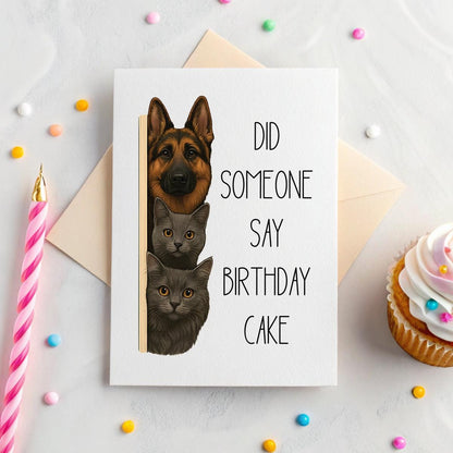 Personalised Pet Birthday Card – ‘Did Someone Say Birthday Cake?’ Watercolour Pets & Funny Greeting